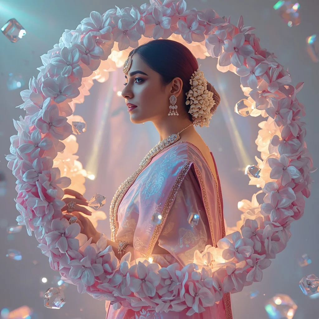 Festive Pastel Saree Infinity Crystal Gardenia Sphere Collage Luxury Cinematic | Trending Prompt In Instagram Ai Photo Girls