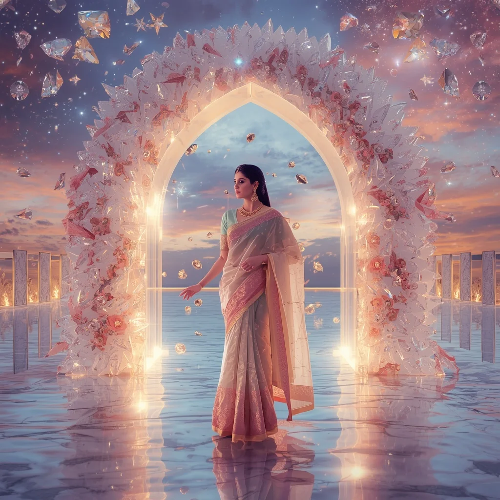 Festive Pastel Saree Infinity Crystal Starlight Gateway Collage Premium Fashion | Happy Ai Prompt