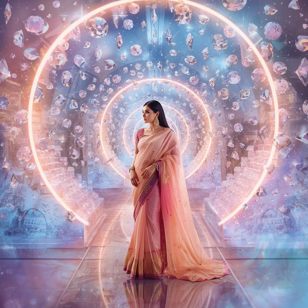 Festive Pastel Saree Infinity Diamond Aurora Spiral Temple Collage Premium Fashion | Gemini Ai Prompt For Girl