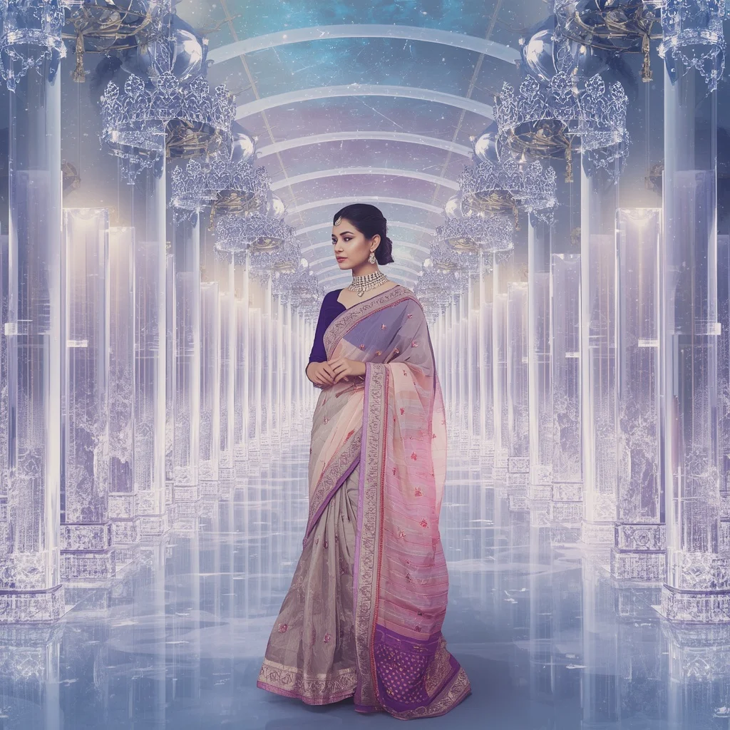 Festive Pastel Saree Infinity Diamond Celestial Crown Corridor Collage Premium Fashion | Gemini Photo Prompt