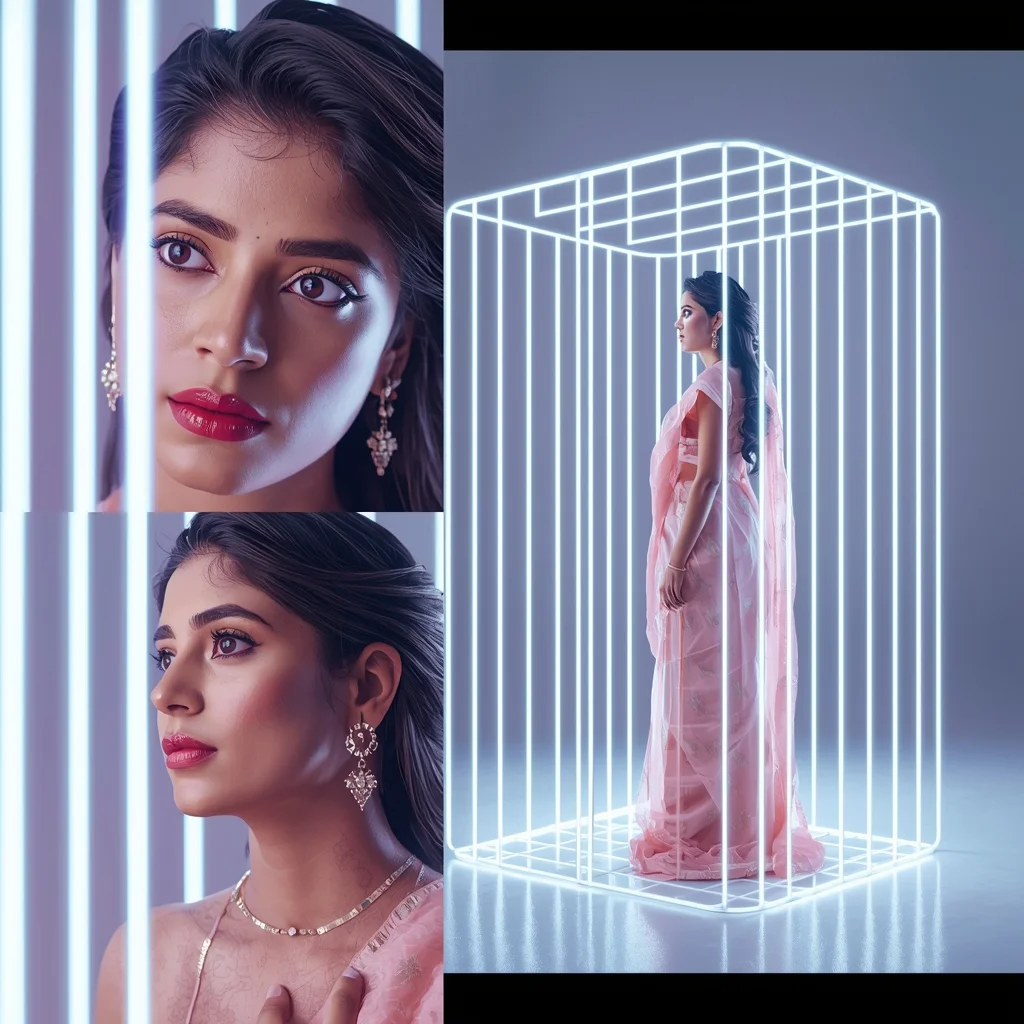 Festive Pastel Saree Light Cage Collage | Indian Girl Structured Glow Aesthetic Cinematic Viral Prompt | Saree Look Ai Prompt