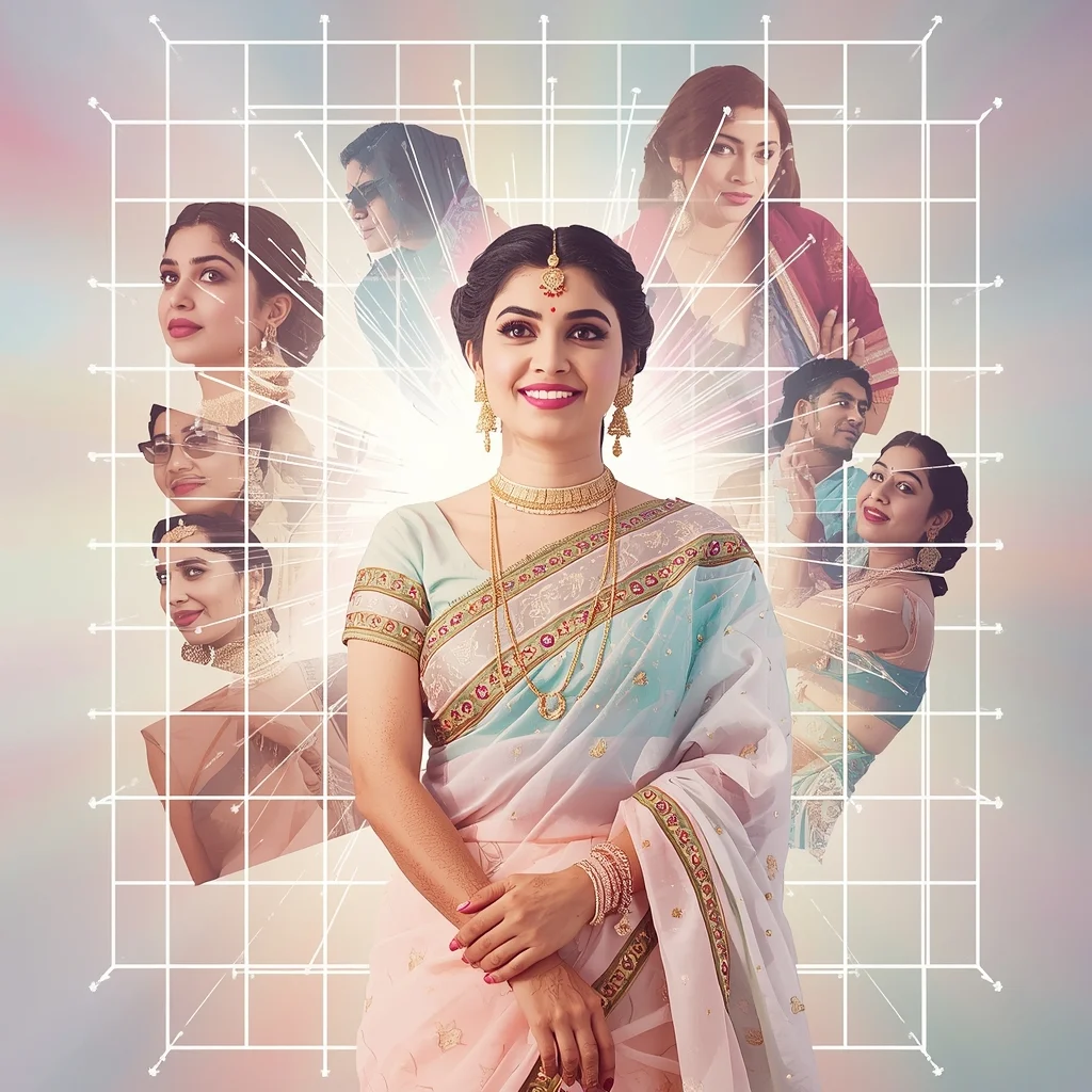 Festive Pastel Saree Light Grid Dimensional Explosion Collage Cinematic Aesthetic | Saree Prompt For Chatgpt In English