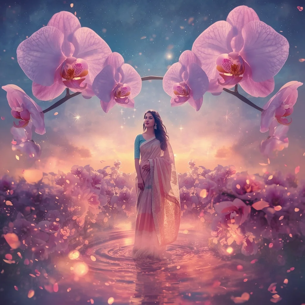 Festive Pastel Saree Light Orchid Galaxy Dream Horizon Sanctuary Collage Cinematic | Editing Prompt Girl
