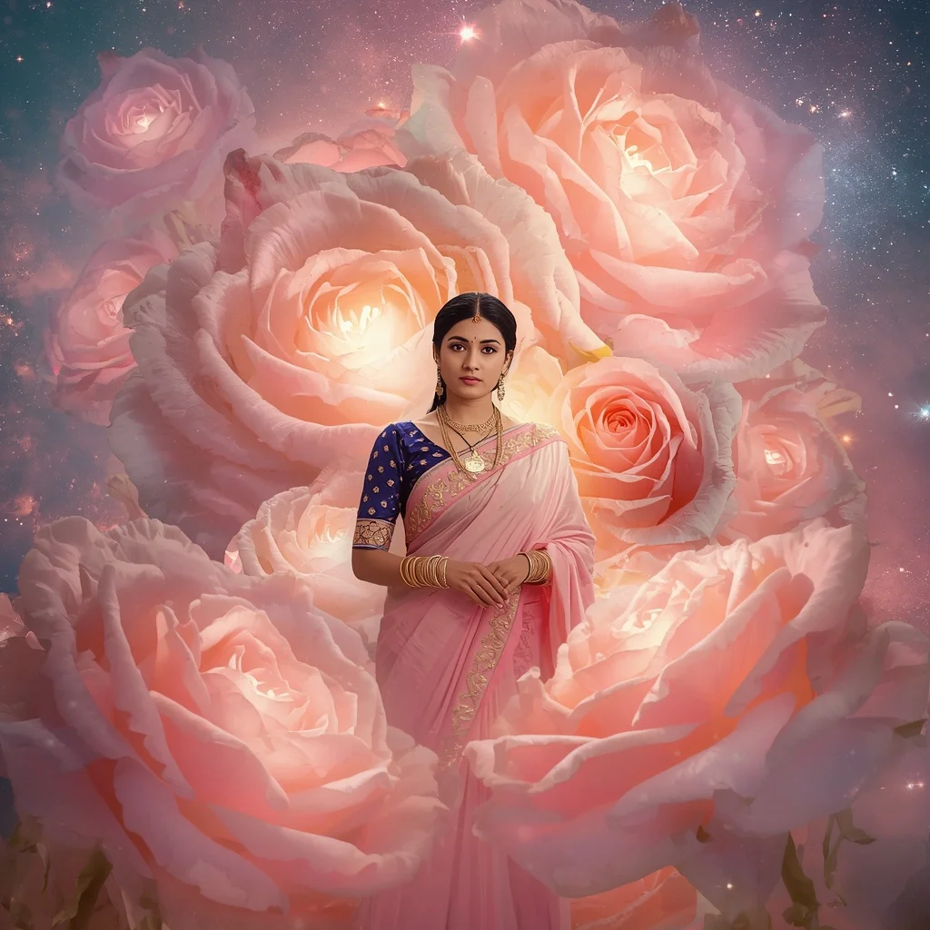 Festive Pastel Saree Light Rose Nebula Kingdom Collage Cinematic | Ai Portrait Prompt