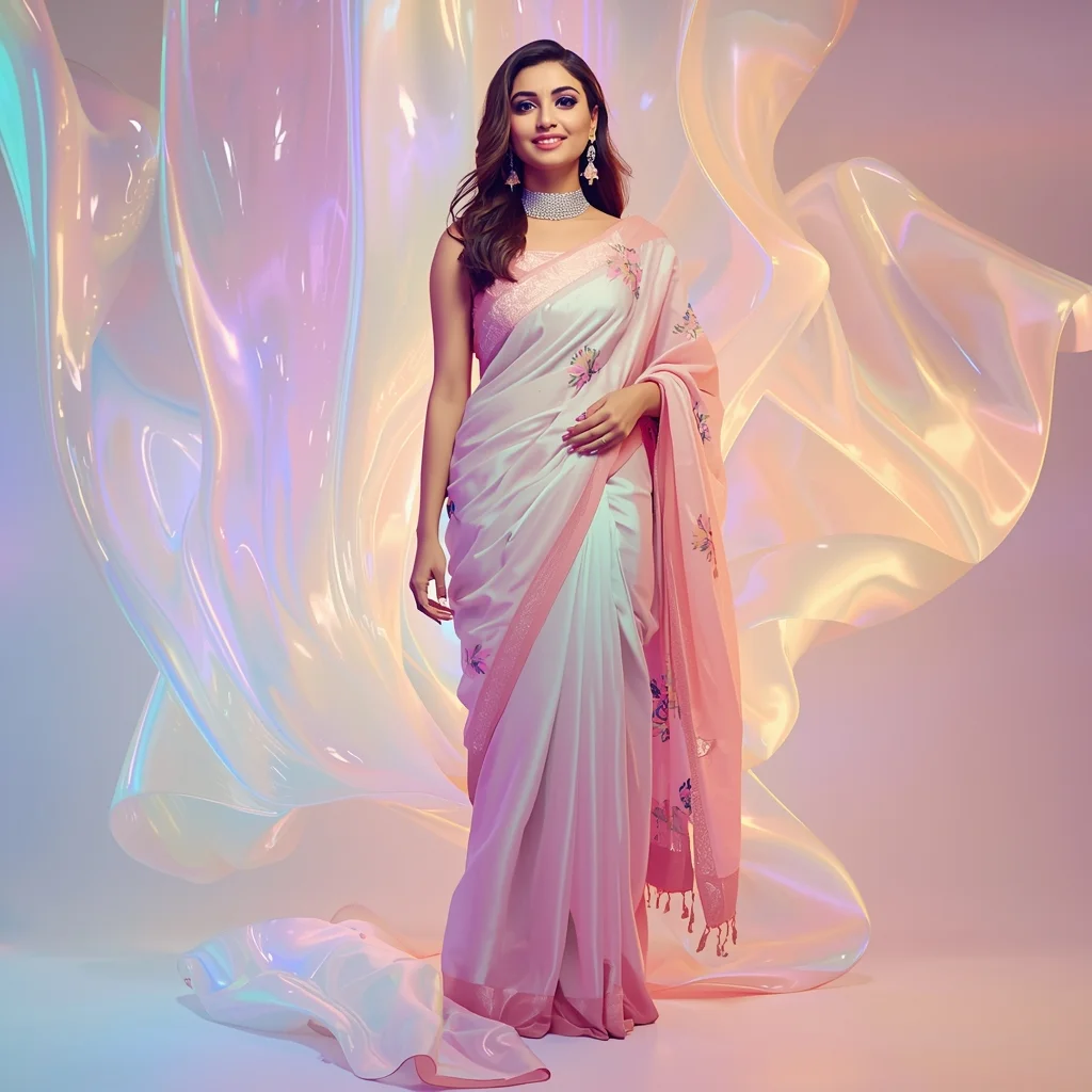 Festive Pastel Saree Liquid Aurora Flow Collapse Collage Luxury Cinematic | Retro Style Prompt For Gemini Girl In Saree In English