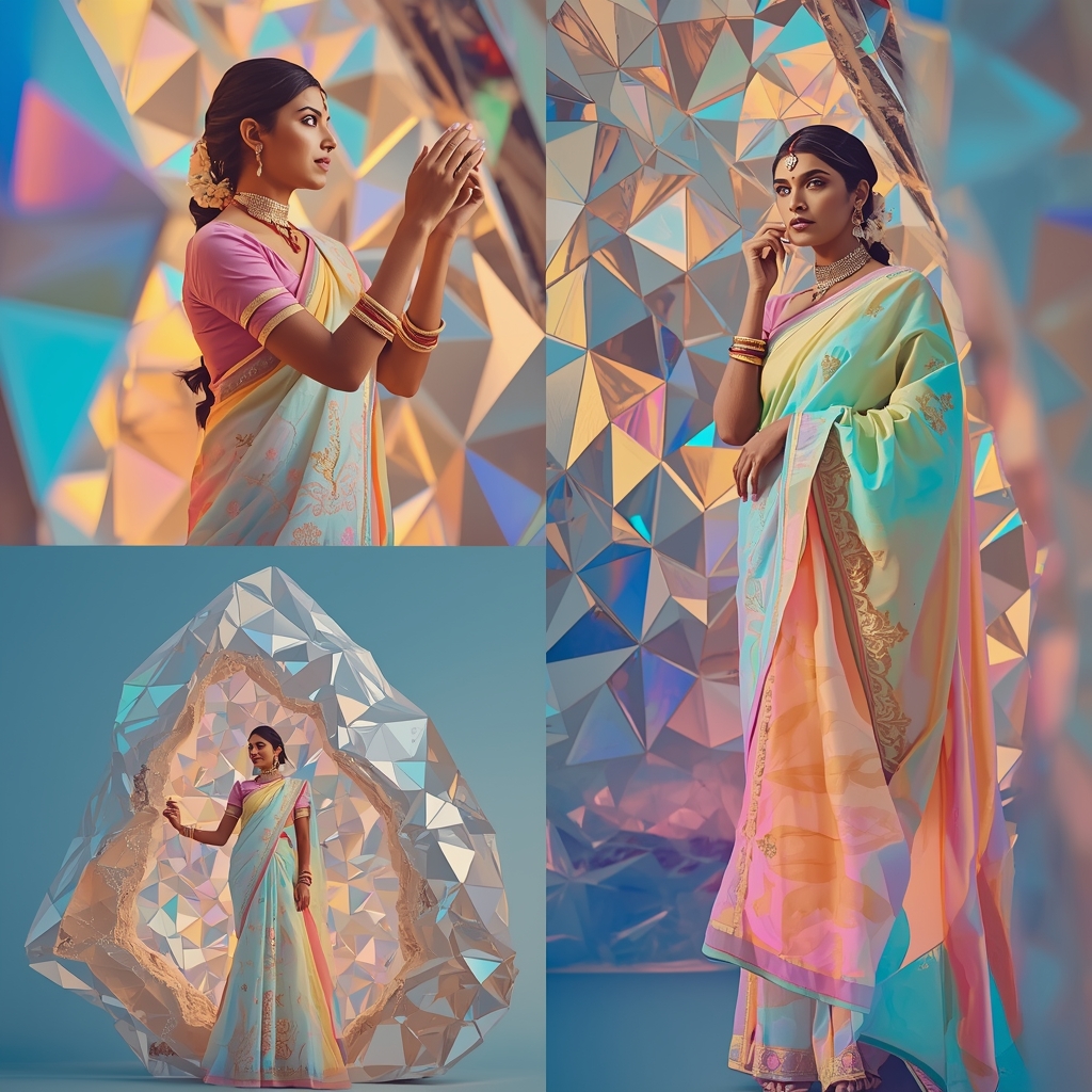 Festive Pastel Saree Liquid Bismuth Geode Collage Premium Cinematic | Gemini Ai Prompt Saree Copy Paste
