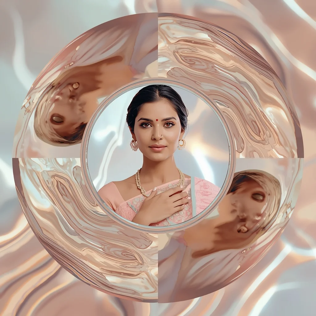 Festive Pastel Saree Liquid Glass Orbital Wave Reflection Collage | Cute Prompt For Girls In Saree