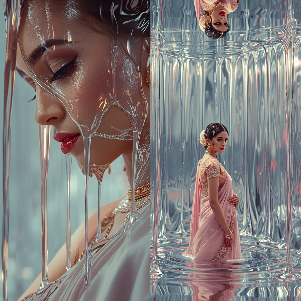 Festive Pastel Saree Liquid Mirror Reality Melt Prism Collapse Collage | Surreal Reflection Distortion Prompt | Modern Saree Ai Prompt