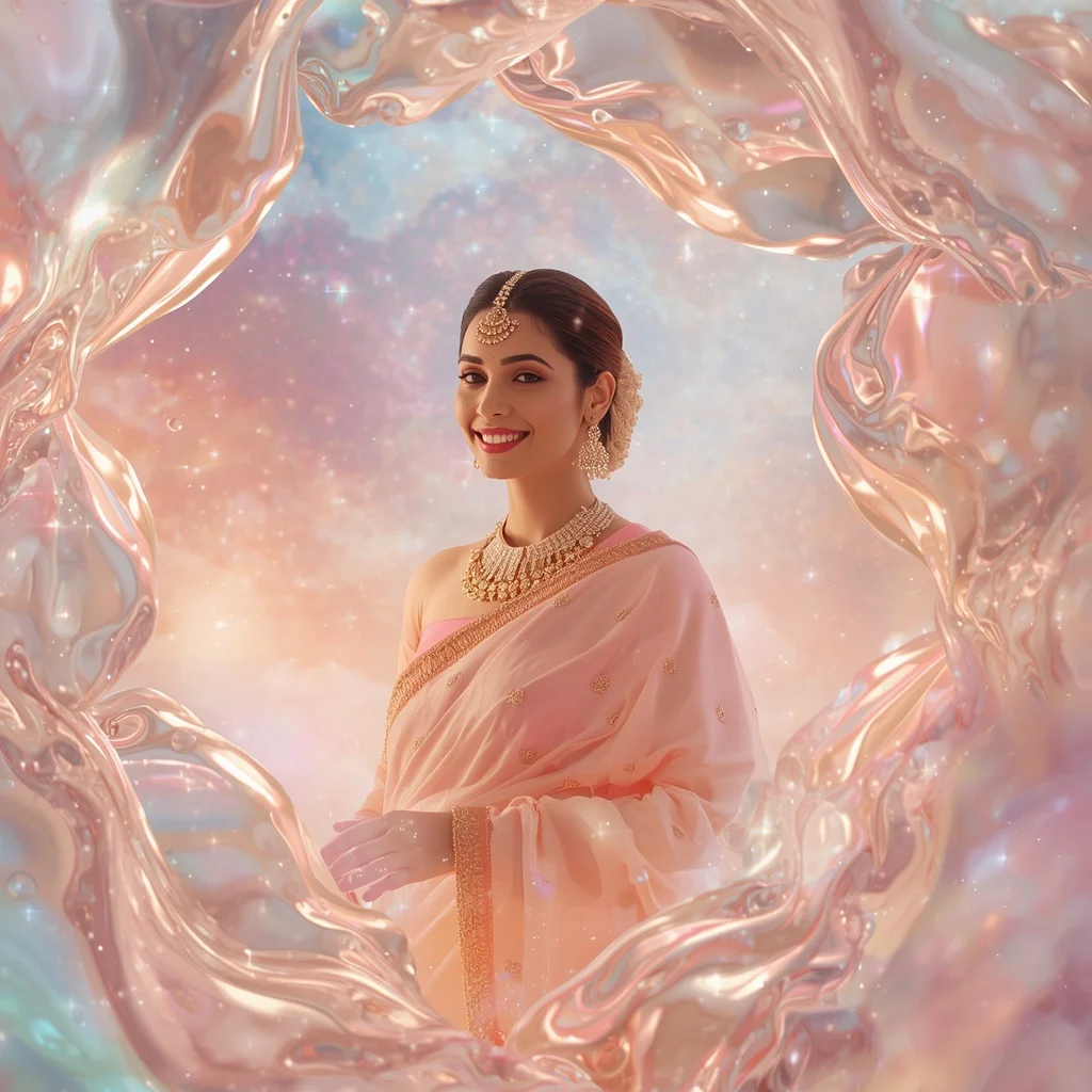Festive Pastel Saree Liquid Pearl Aurora Celestial Kingdom Collage Luxury Cinematic | Face Ai Prompt