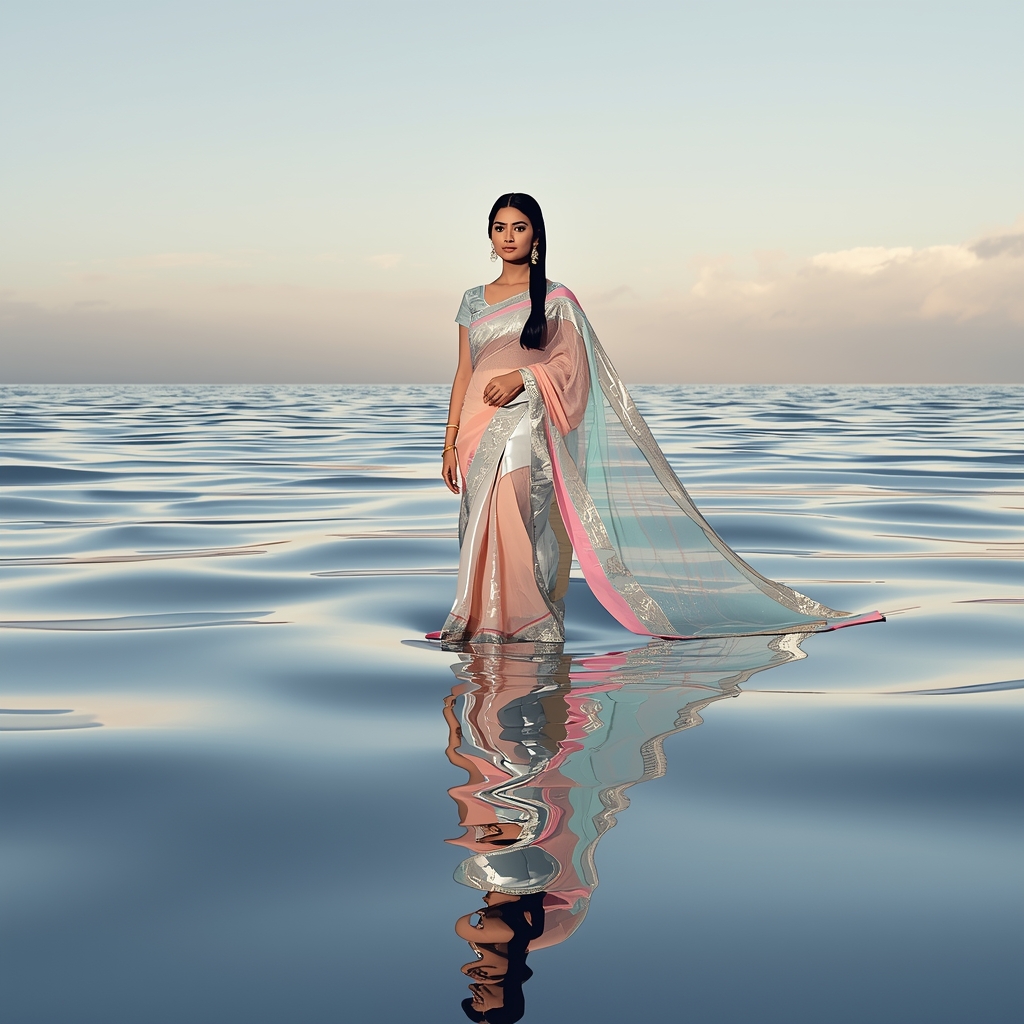 Festive Pastel Saree Liquid Silver Horizon Ripple Collage | Mirror Flow Empress Prompt | Saree Pose Ai Prompt For Image Generation