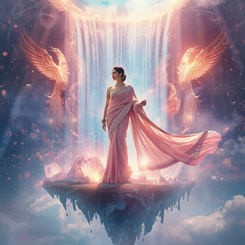 Festive Pastel Saree Majestic Phoenix Crystal Cascade Collage | Legendary Mythical Prompt | New Photo Trend On Instagram Prompt