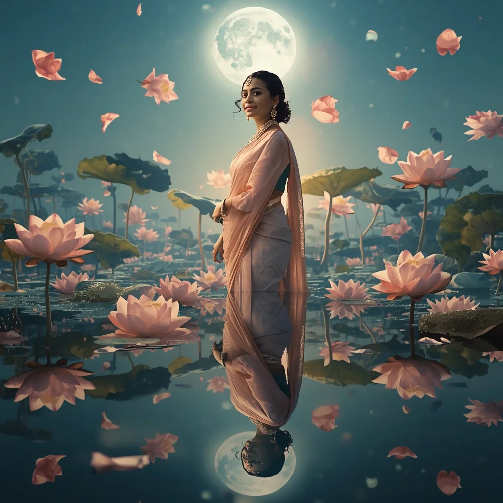 Festive Pastel Saree Moon Lotus Reflection Paradise Collage Cinematic | Ai Portrait Prompt
