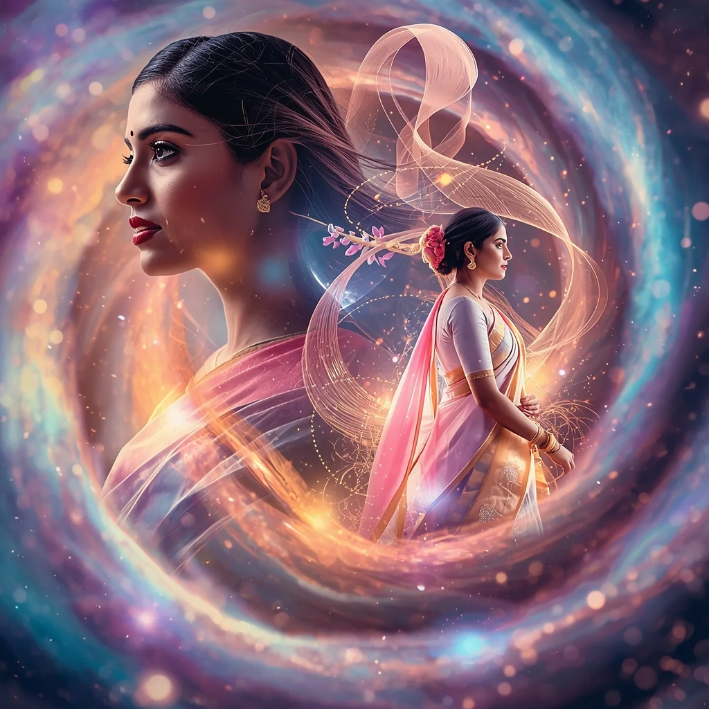 Festive Pastel Saree Nebula Silk Ribbon Spiral Energy Storm Collage | Cosmic Motion Elegance Prompt | Saree Reel Ai Prompt