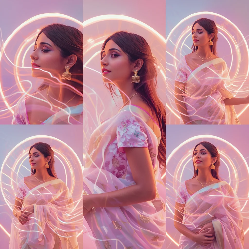 Festive Pastel Saree Neon Arc Flow Motion Collage Modern Cinematic | Wedding Saree Ai Prompt