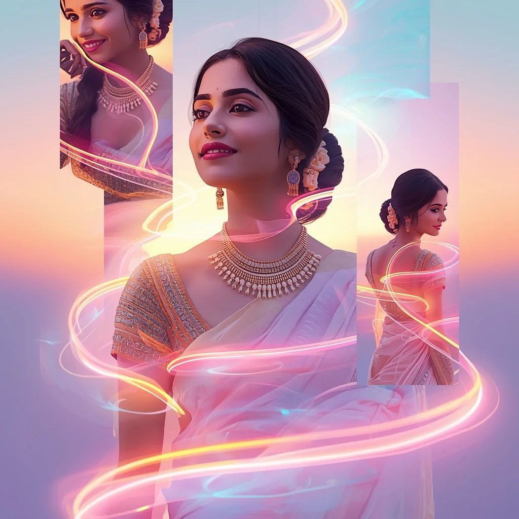 Festive Pastel Saree Neon Aura Pulse Drift Horizon Flow Collage | Saree Dp Ai Prompt