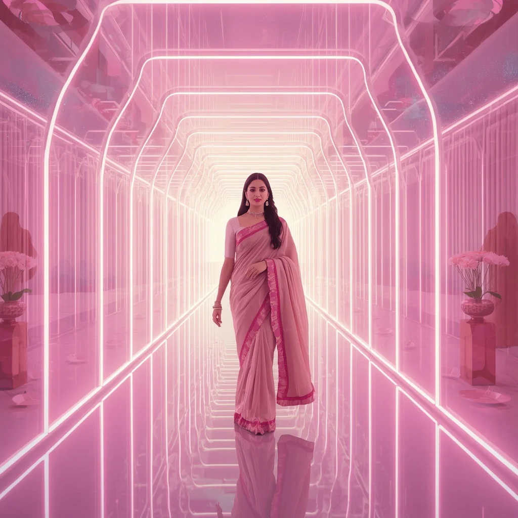 Festive Pastel Saree Neon Aurora Celestial Corridor Collage Modern | Face Ai Prompt
