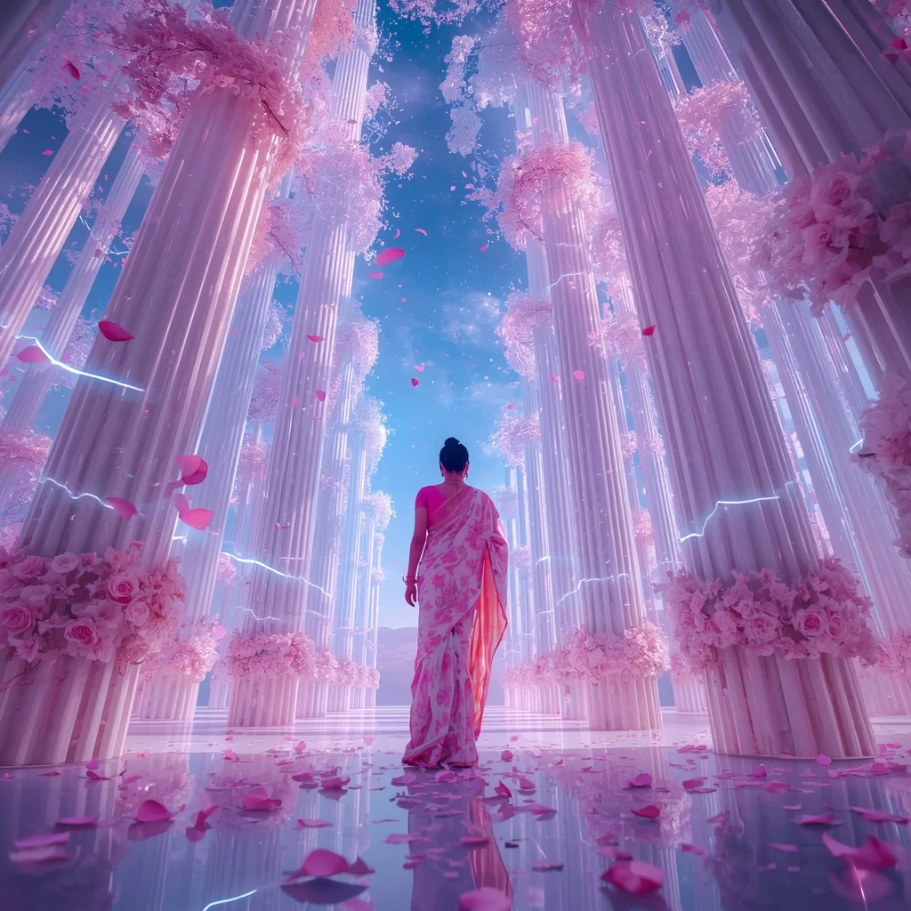 Festive Pastel Saree Neon Aurora Infinity Sakura Spiral Sky Cathedral Collage Modern | ChatGPT Photo Editing Prompts Trending Instagram For Girl