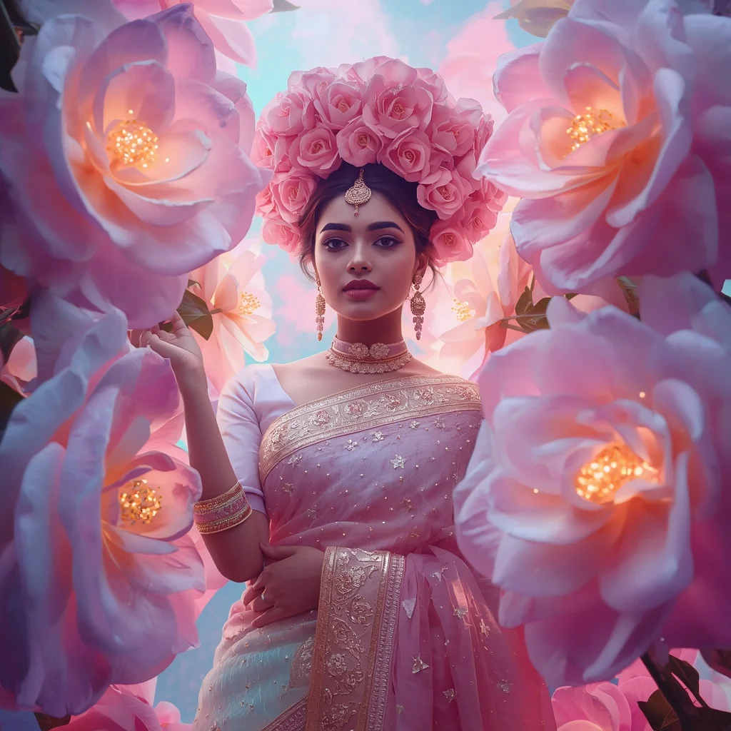 Festive Pastel Saree Neon Camellia Galaxy Crown Collage Modern | Makeup Ai Prompt