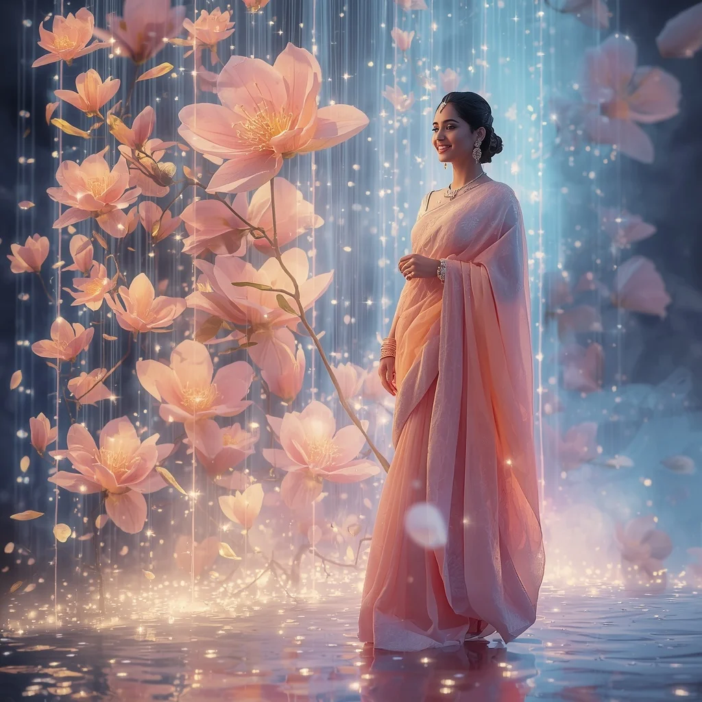 Festive Pastel Saree Neon Celestial Magnolia Cascade Collage Modern Cinematic | Trending Prompts For Instagram For Girl