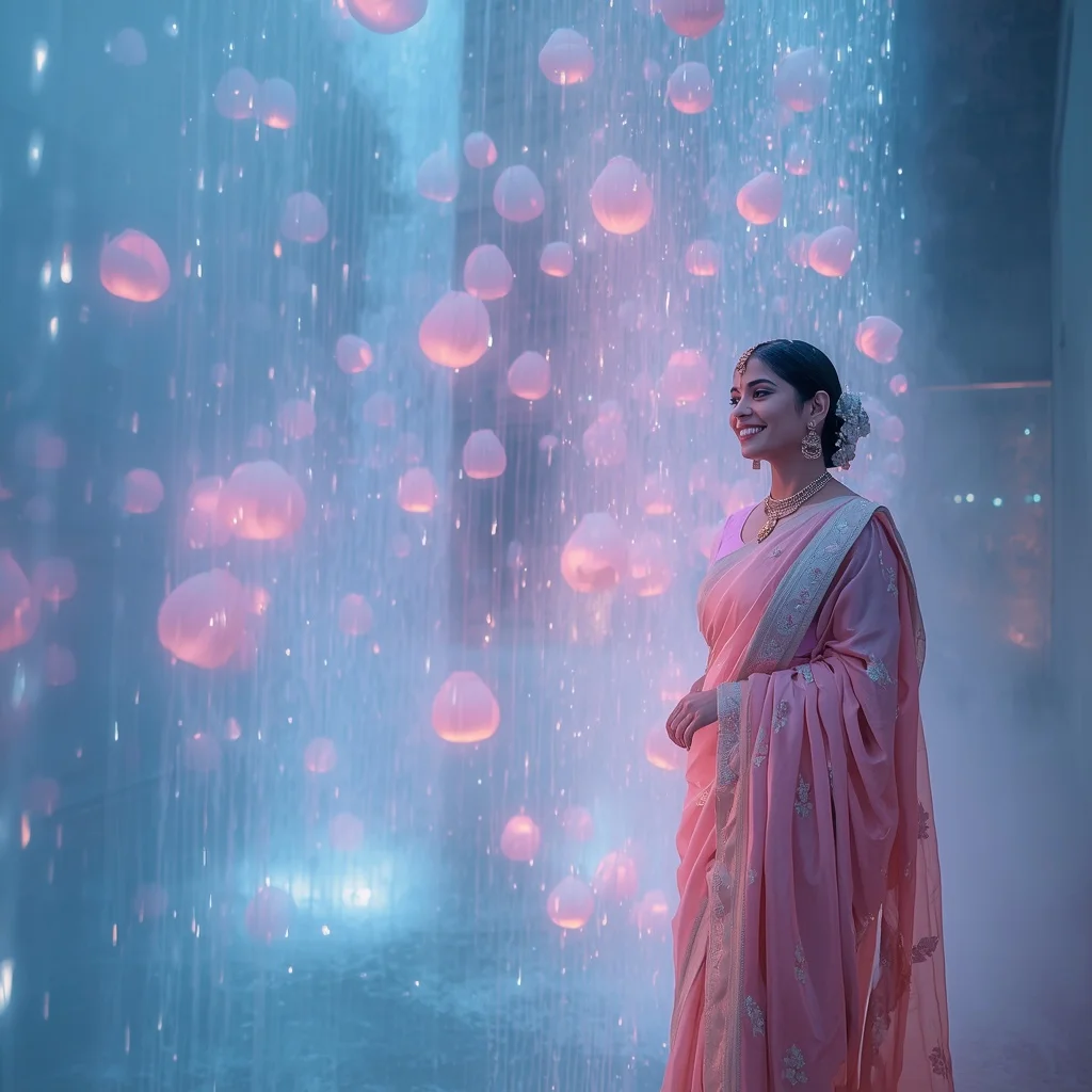 Festive Pastel Saree Neon Celestial Tulip Falls Collage Modern Cinematic | Gemini Ai Prompt Copy Paste