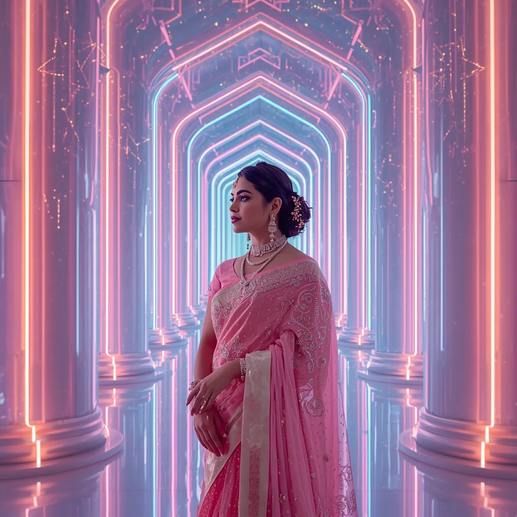 Festive Pastel Saree Neon Constellation Palace Of Light Collage Modern | South Indian Prompt For Girl ChatGPT