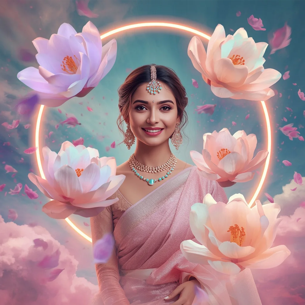 Festive Pastel Saree Neon Galaxy Magnolia Halo Collage Modern Cinematic | Prompt Seen Girl Photo Editing Chatgpt Aesthetic