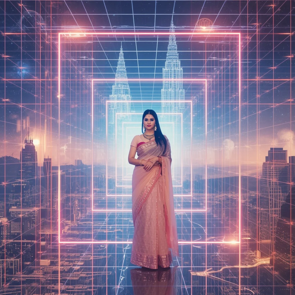 Festive Pastel Saree Neon Infinity Quantum Star Grid Metropolis Collage Modern | Fashion Ai Prompt