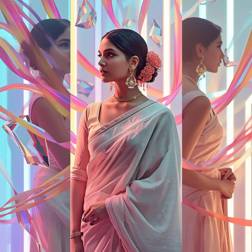 Festive Pastel Saree Neon Ribbon Matrix Crystal Flow Collage | Gemini Girl Photo Prompt Saree