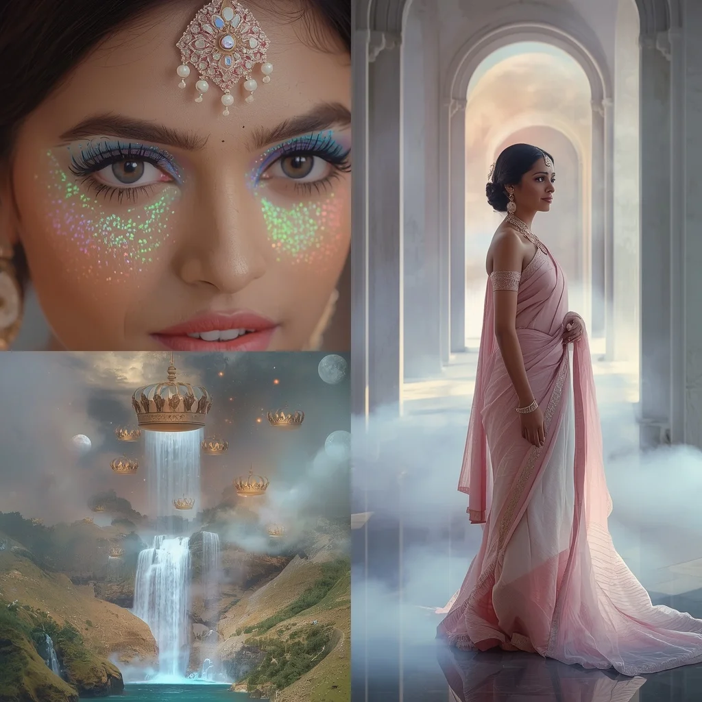 Festive Pastel Saree Opaline Crown Moonfall Sanctuary Collage Prompt | Traditional Saree Prompt For Girl In English