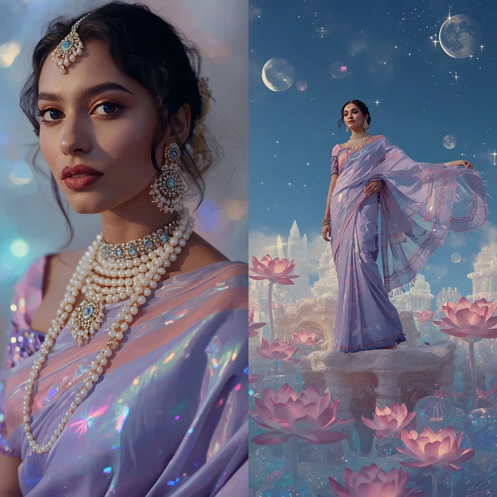 Festive Pastel Saree Opaline Moon Lotus Citadel Collage | Indian Girl Ai Prompt