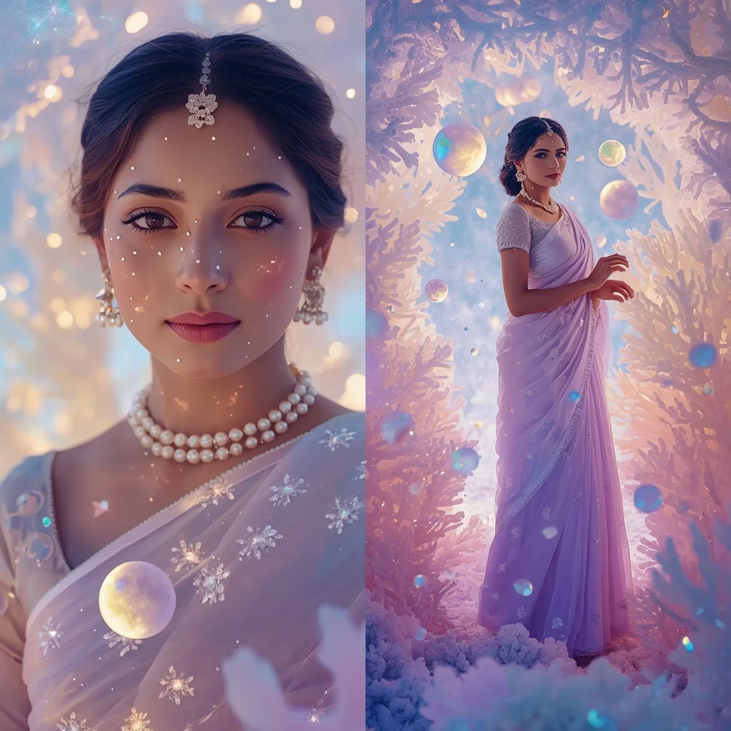 Festive Pastel Saree Opaline Moon Reef Kingdom Collage | Ultra Realistic Ai Prompt