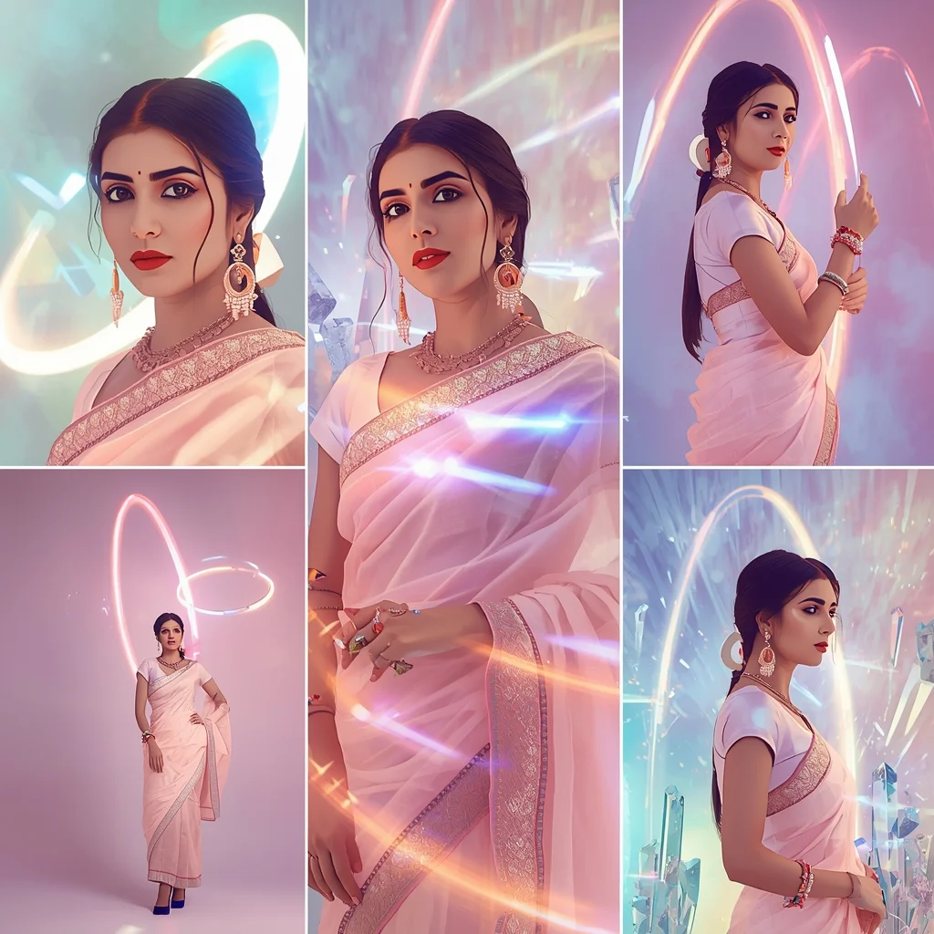 Festive Pastel Saree Plasma Light Arc Crystal Flux Collage | Prompt For Gemini Ai Girl In Traditional Dress