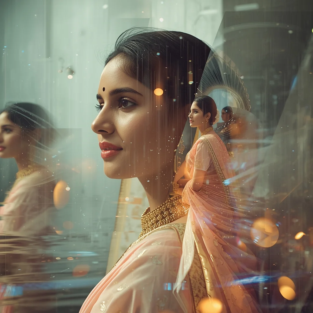 Festive Pastel Saree Poetic Double Exposure Dream Loop Collage | Artistic Reflection Prompt | Indian Saree Ai Prompt