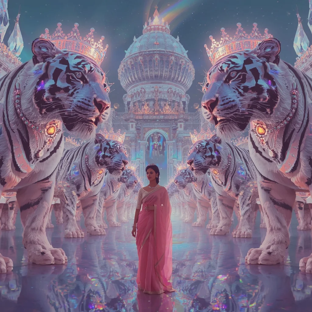 Festive Pastel Saree Prism Celestial Cosmic Tiger Crown Fortress Collage Premium | Fitness Model Ai Prompt