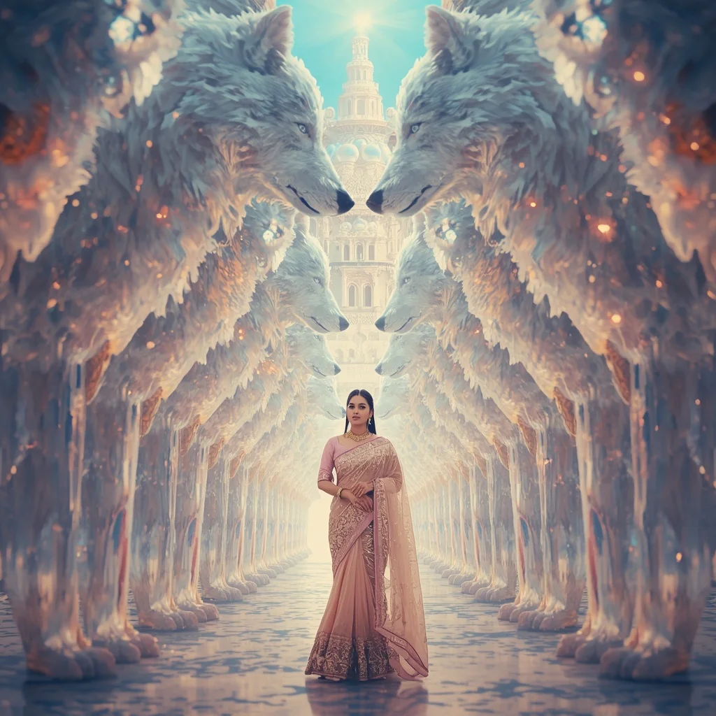Festive Pastel Saree Prism Celestial Wolf Citadel Collage Premium | South Indian Prompt For Gemini Girl Instagram