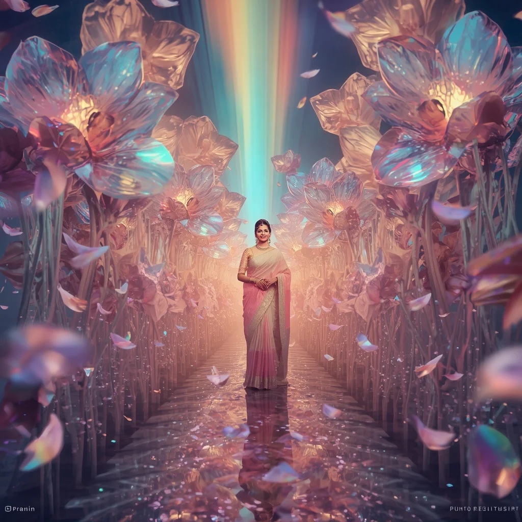 Festive Pastel Saree Prism Crystal Aurora Flower Empire Collage Premium | Prompt Ai