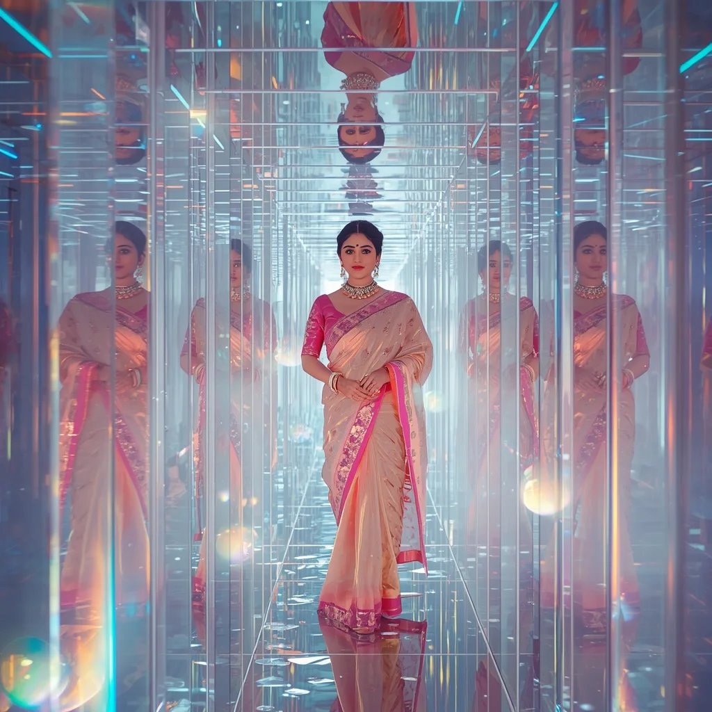 Festive Pastel Saree Prism Crystal Aurora Labyrinth Collage Premium | Pre Wedding Ai Prompt