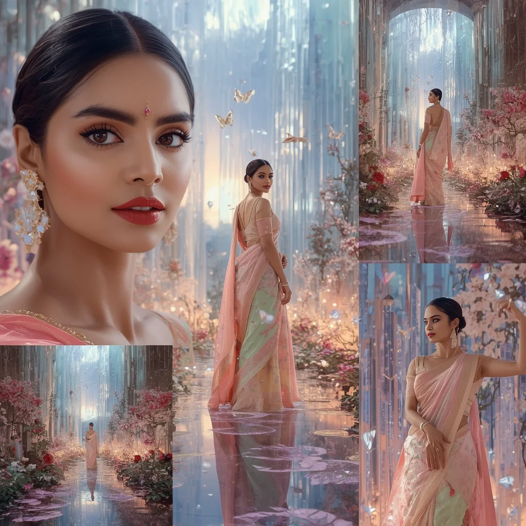 Festive Pastel Saree Prism Crystal Celestial Waterfall Palace Collage Premium Editorial | Easy Ai Prompt
