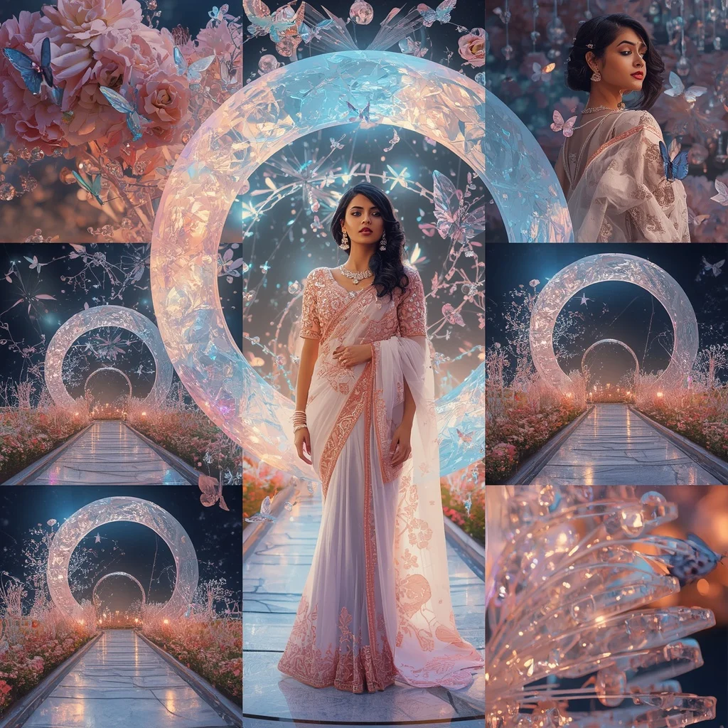 Festive Pastel Saree Prism Crystal Diamond Moon Garden Collage Premium Editorial | Realistic Ai Prompt