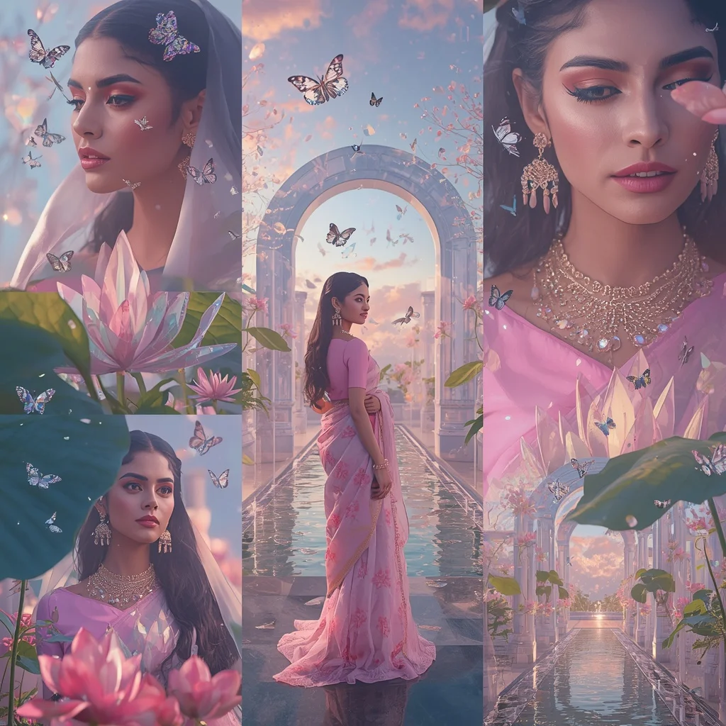 Festive Pastel Saree Prism Crystal Eternal Lotus Citadel Collage Premium Editorial | Creative Ai Prompt