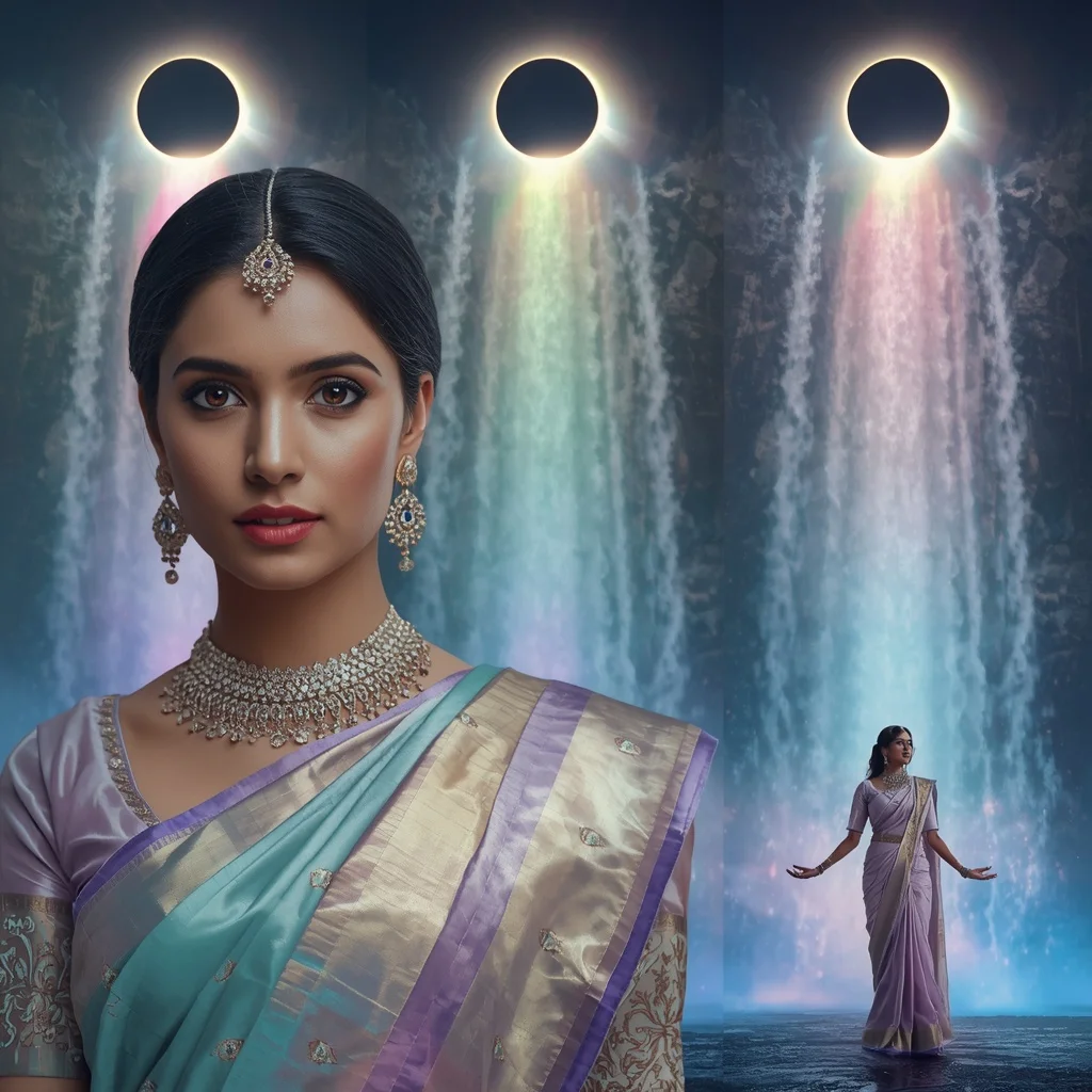Festive Pastel Saree Prism Eclipse Waterfall Empire Collage | Prompt Gemini