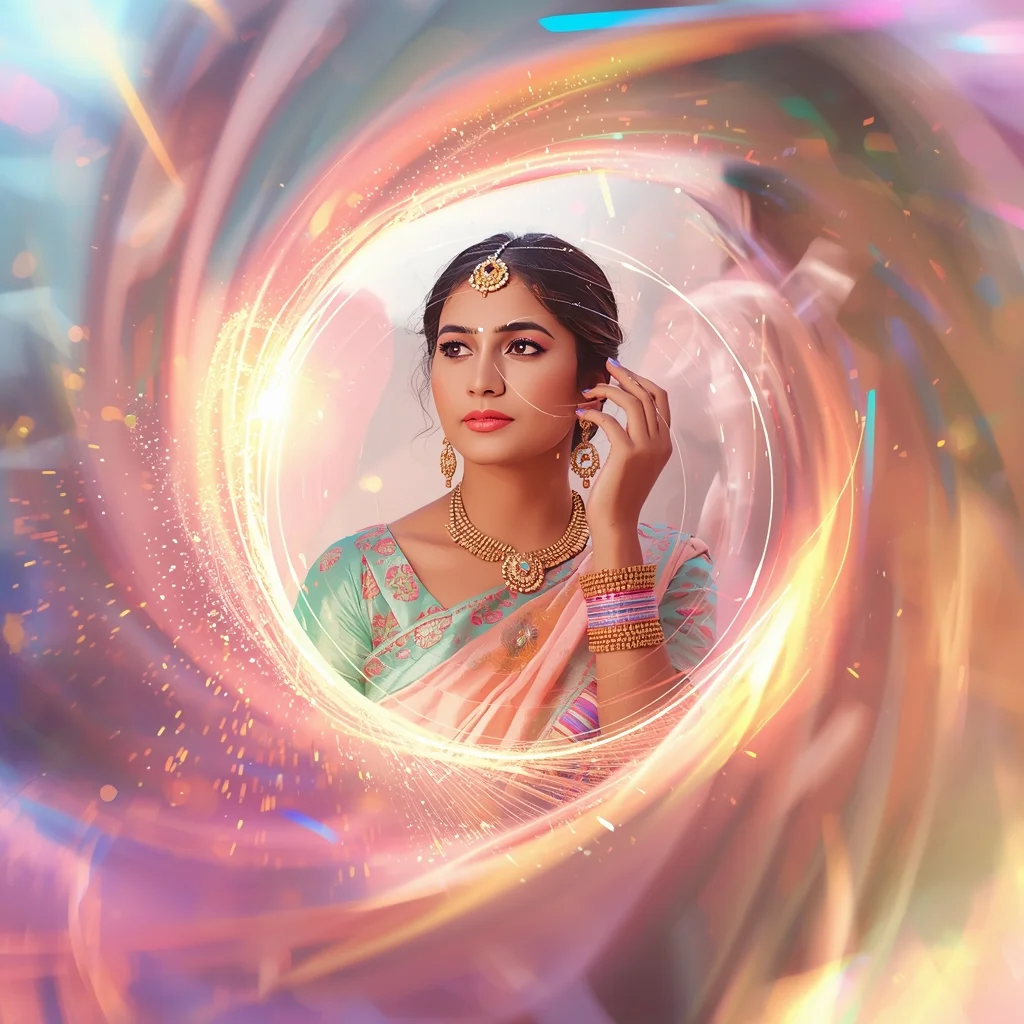 Festive Pastel Saree Prism Light Storm Spiral Fusion Collage | Prompt For Gemini Ai Girl In Saree Copy And Paste