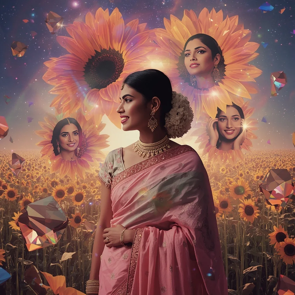Festive Pastel Saree Prism Sunflower Galaxy Bloom Collage Premium Cinematic | Ai Prompt Generator Free