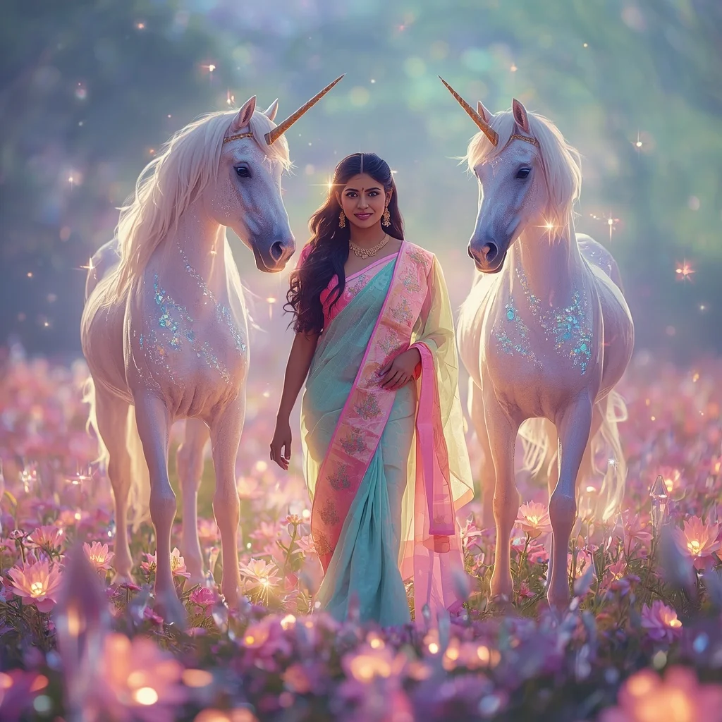 Festive Pastel Saree Prism Unicorn Crystal Garden Collage Premium | Best Prompt Ai For Girl