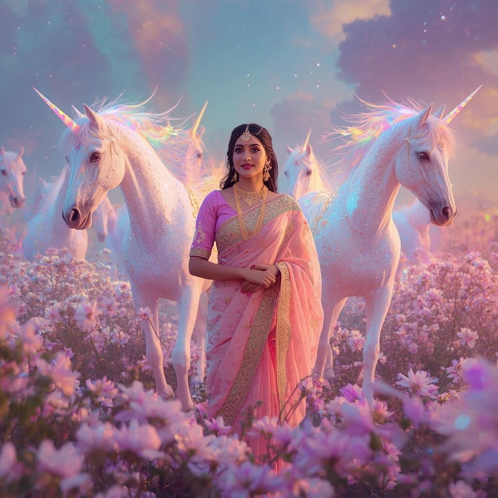 Festive Pastel Saree Prism Unicorn Starlight Empire Collage Premium | Trending Prompt In Instagram Ai Photo Girls