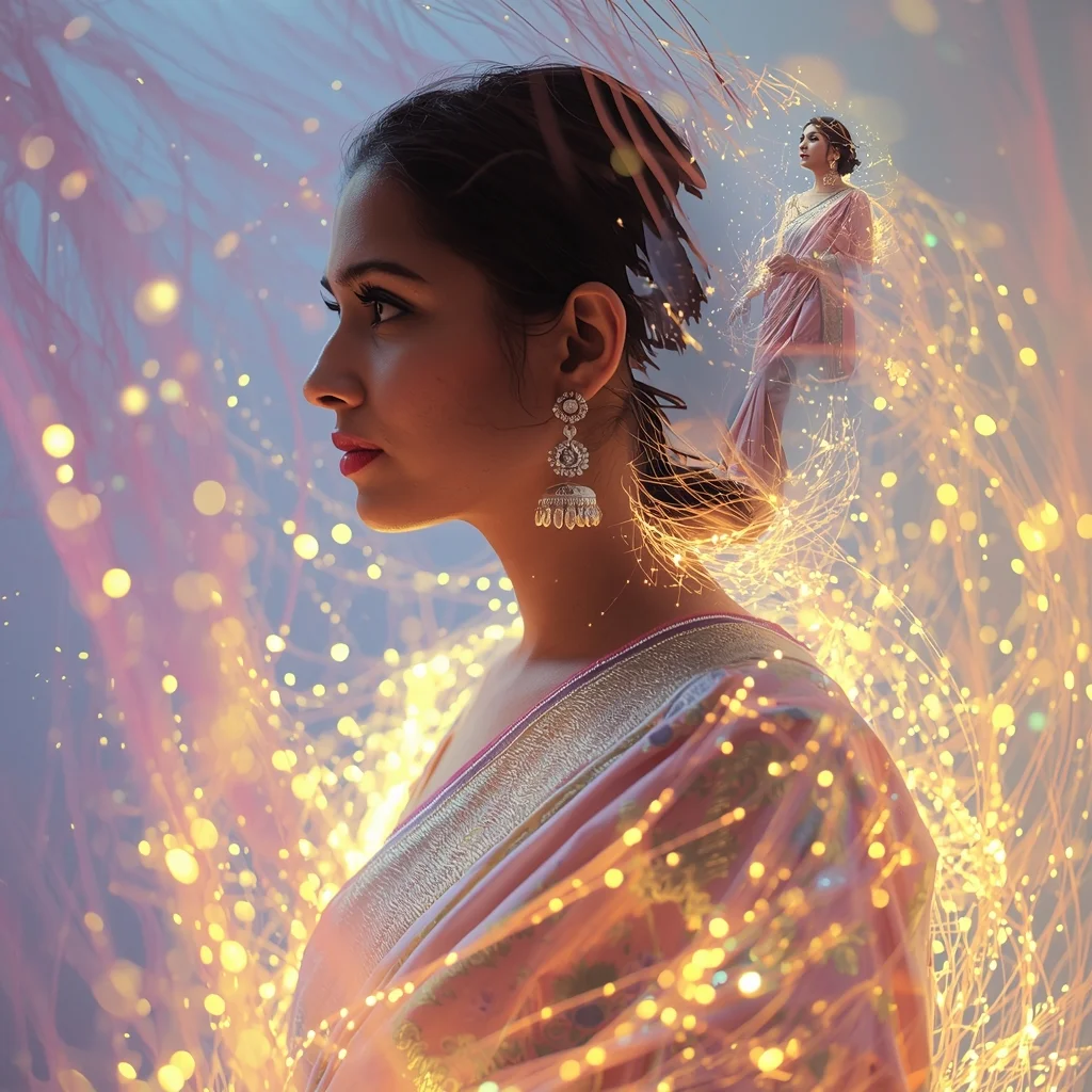 Festive Pastel Saree Quantum Light Thread Fabric Collapse Collage Cinematic Aesthetic | New Viral Prompt