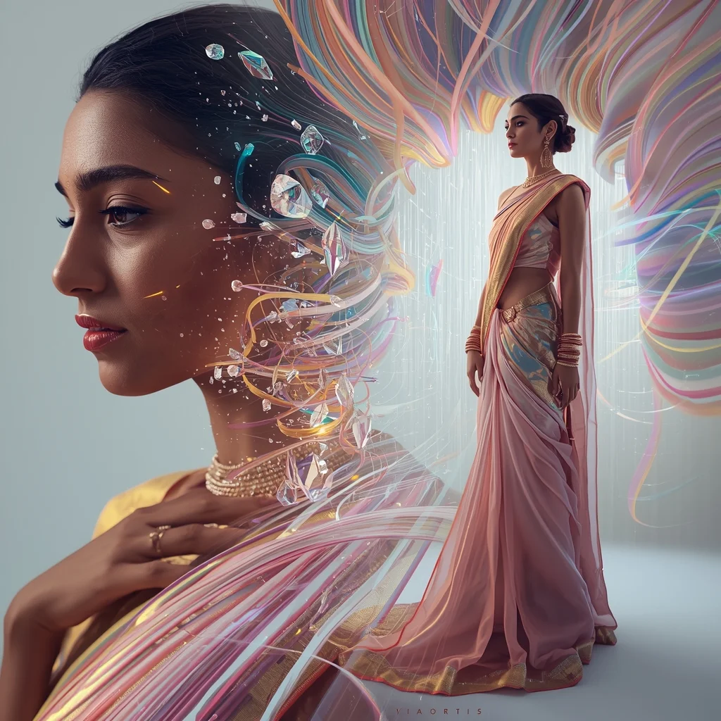 Festive Pastel Saree Quantum Silk Lightwave Portal Crystal Rain Collapse Collage | Supreme Futuristic Elegance Prompt | Saree Photoshoot Ai Prompt
