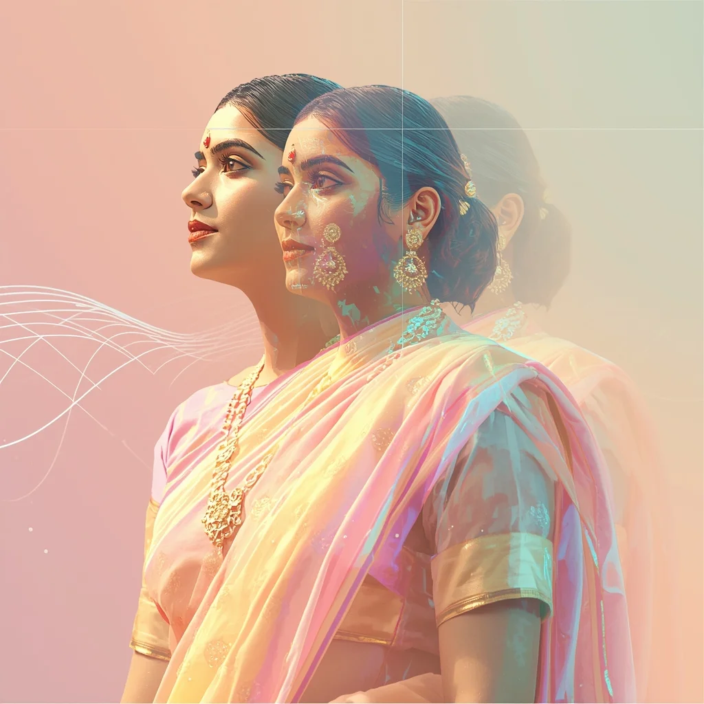 Festive Pastel Saree Quantum Superposition Echo Collage Modern Cinematic | Modern Saree Ai Prompt