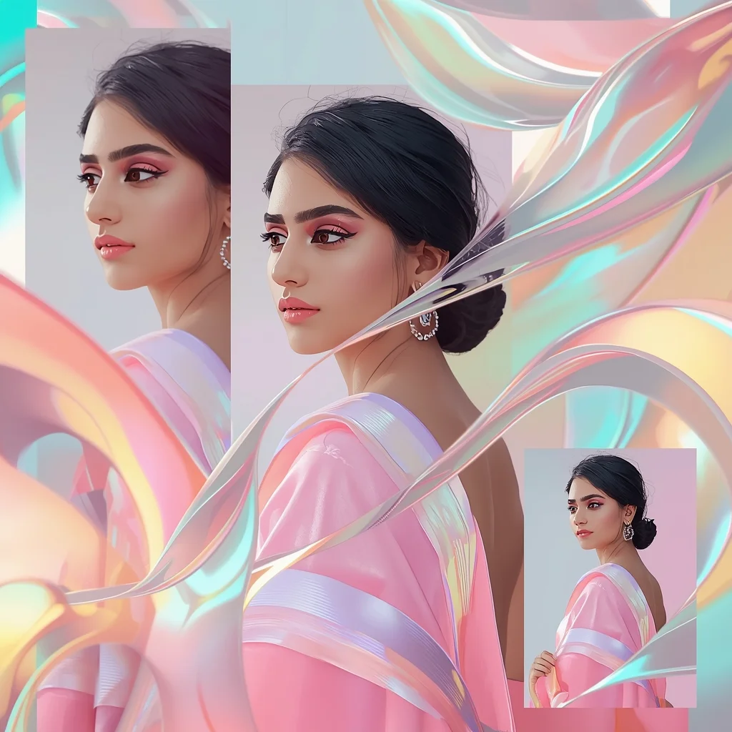 Festive Pastel Saree Reflection Ribbon Collage | Indian Girl Mirror Flow Aesthetic Soft Cinematic Viral Prompt | Beautiful Saree Girl Ai Prompt
