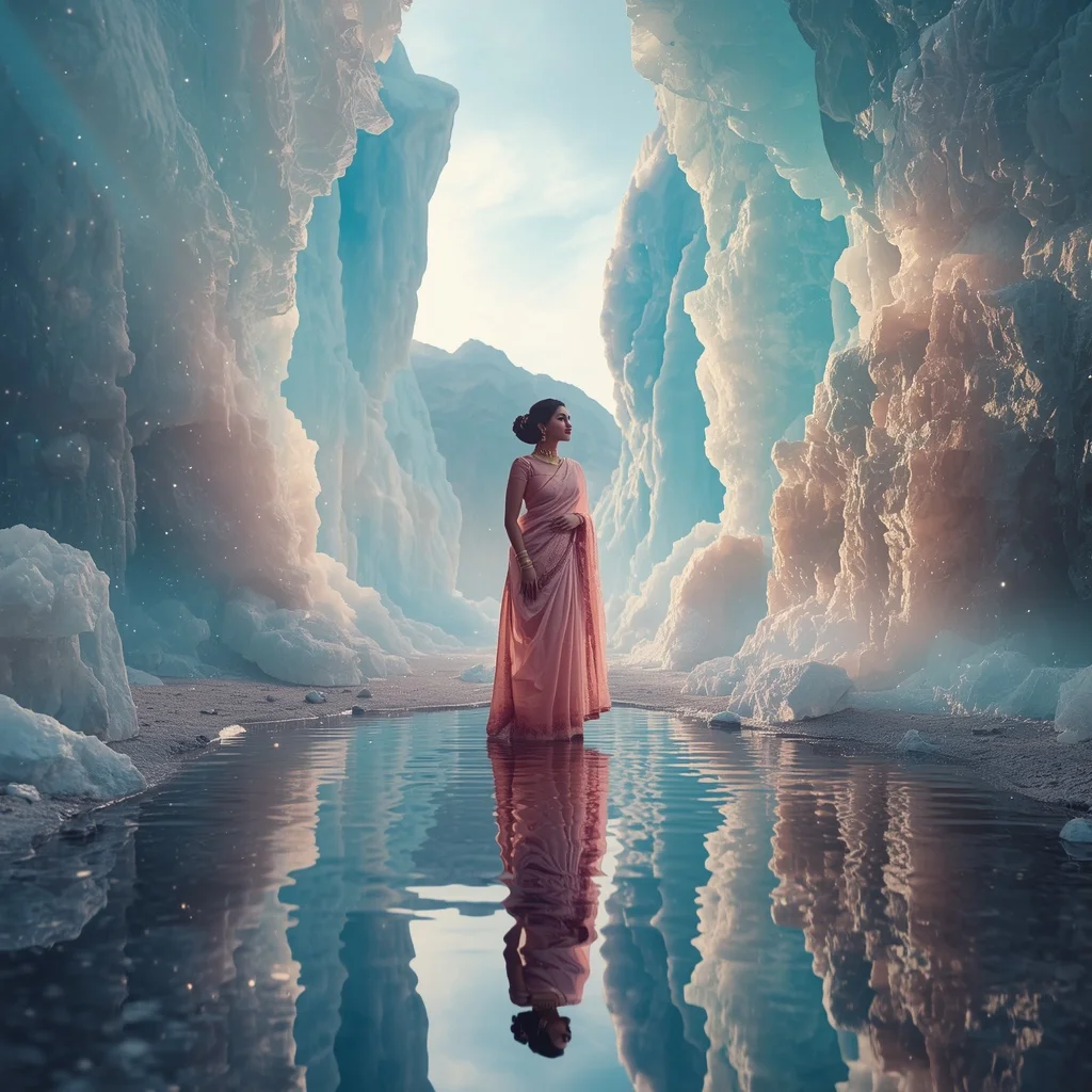 Festive Pastel Saree Reflective Aurora Crystal Fjord Collage Luxury | Ideogram Ai Prompt
